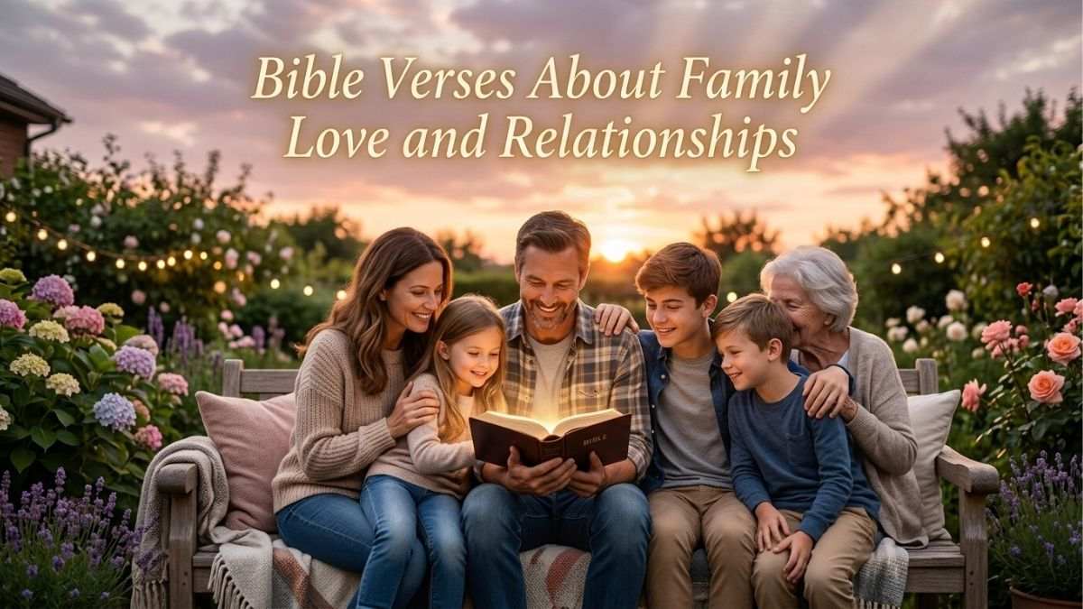 Family reading Bible at sunset garden