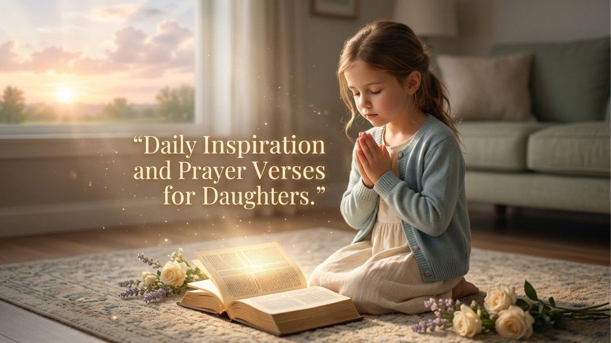 Girl praying beside Bible at sunrise