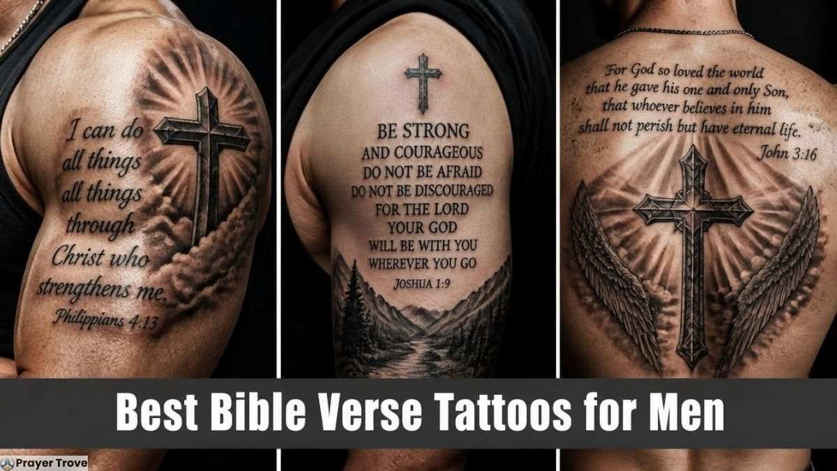 Bible verse tattoos for men featuring crosses, scripture quotes, and Christian imagery