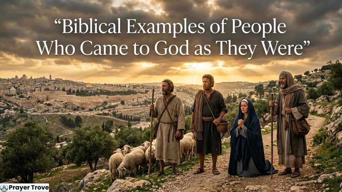 Biblical figures on hillside at sunset