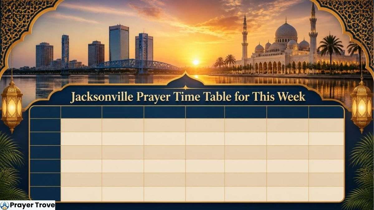 Islamic prayer timetable template for Jacksonville featuring a mosque, waterfront skyline, sunrise view, and weekly grid.