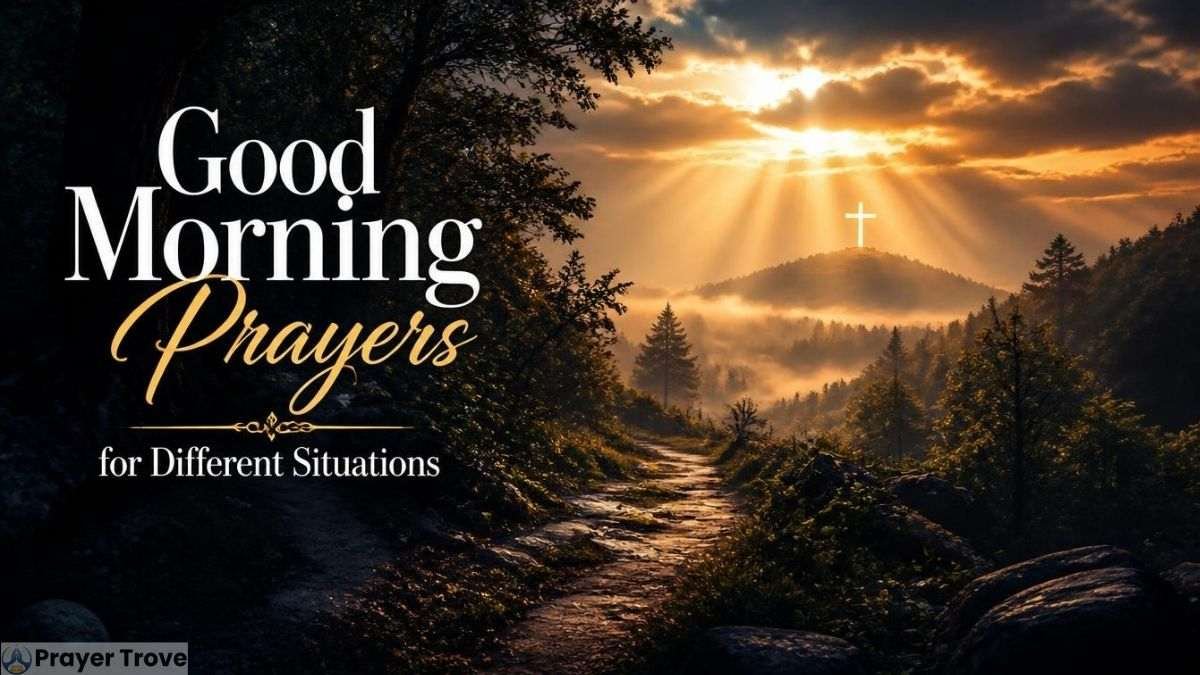 Good morning prayers for different situations with a peaceful sunrise and cross