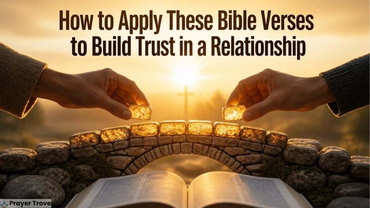 Bible verses inspire trust in relationships, shown through hands building a golden stone bridge above an open Bible at sunset.
