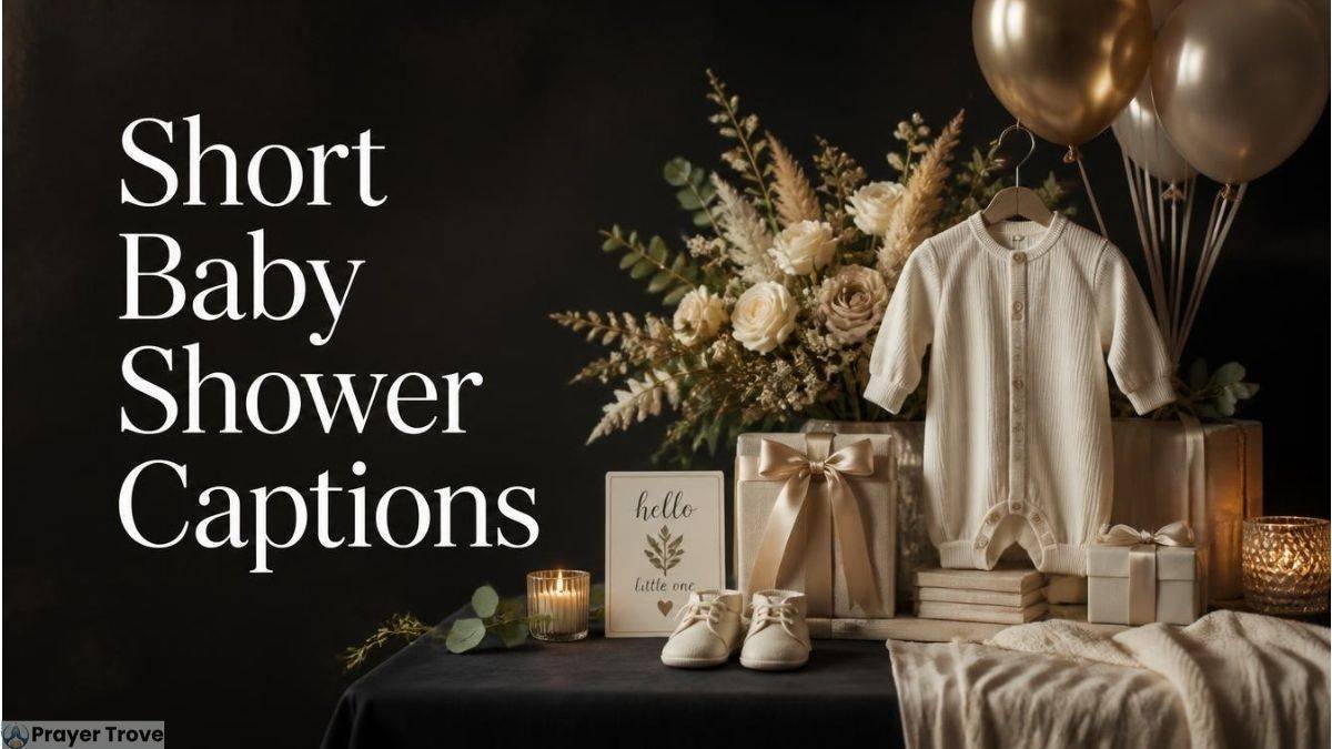 Short baby shower captions with baby outfit and gifts