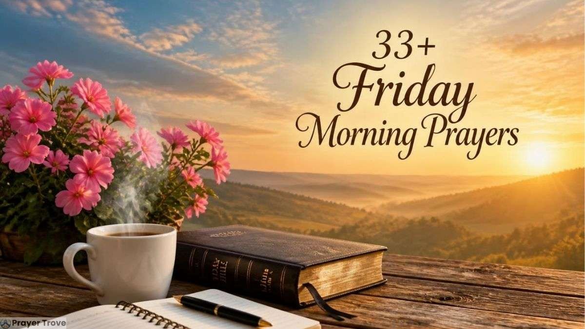 Friday morning prayers with flowers, Bible, coffee, and sunrise