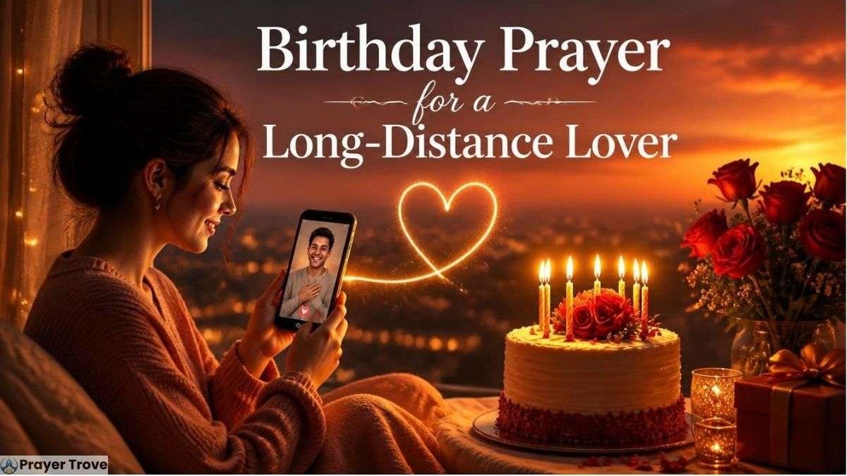 Birthday prayer for a long-distance lover with a woman holding a phone, birthday cake, roses, and sunset view.