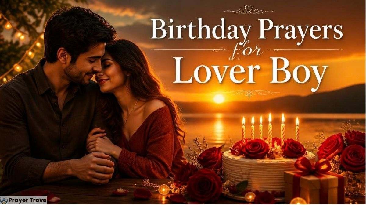 Birthday prayers for a lover boy with a romantic couple, birthday cake, roses, candles, and sunset by a lake.