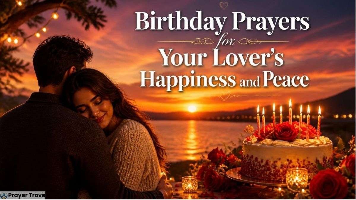 Birthday prayers for your lover’s happiness and peace with a couple, cake, roses, candles, and sunset lake.