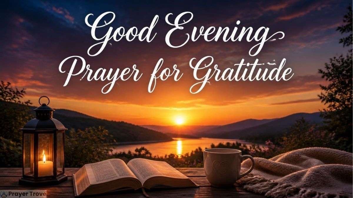 Good evening prayer for gratitude with Bible and sunset