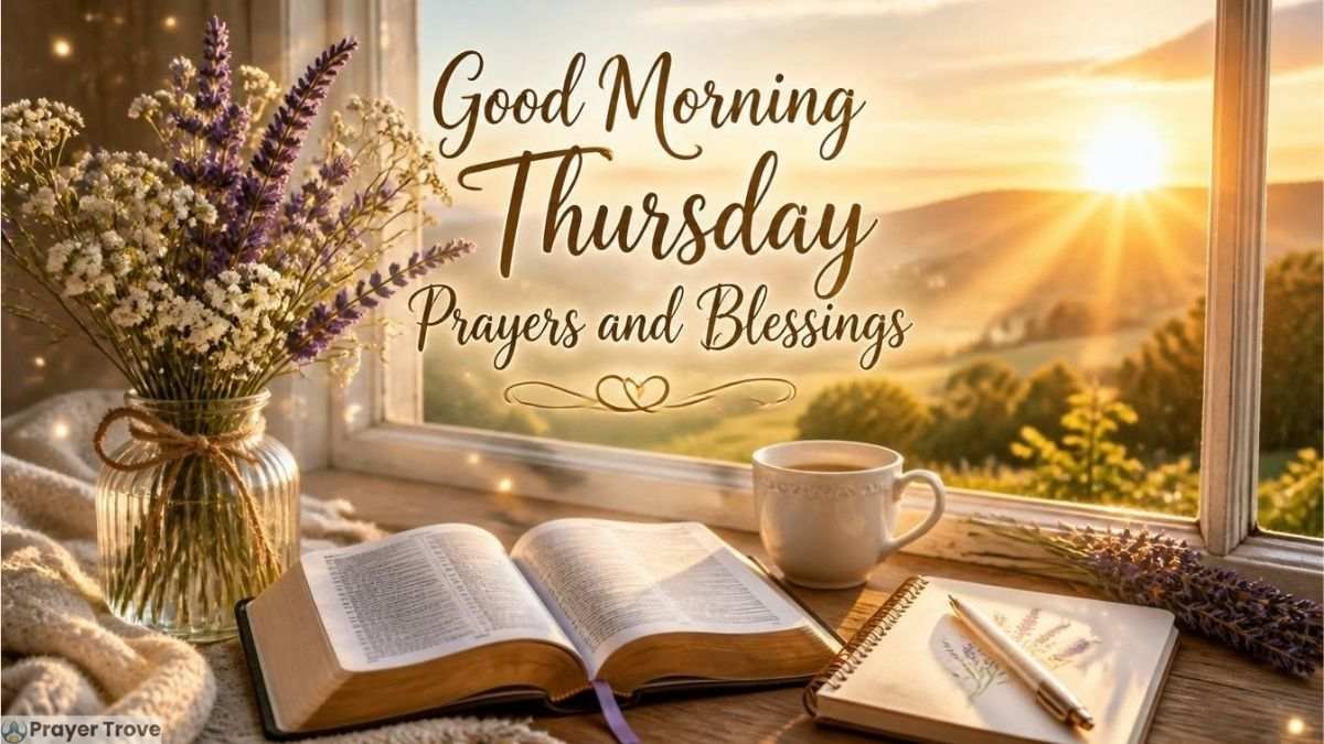 Good morning Thursday prayers and blessings with Bible, flowers, coffee, and sunrise