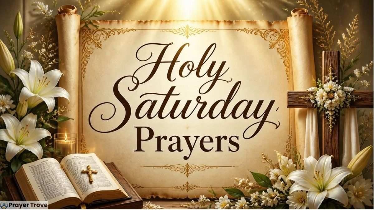 Holy Saturday prayers with Bible, cross, lilies, and candle