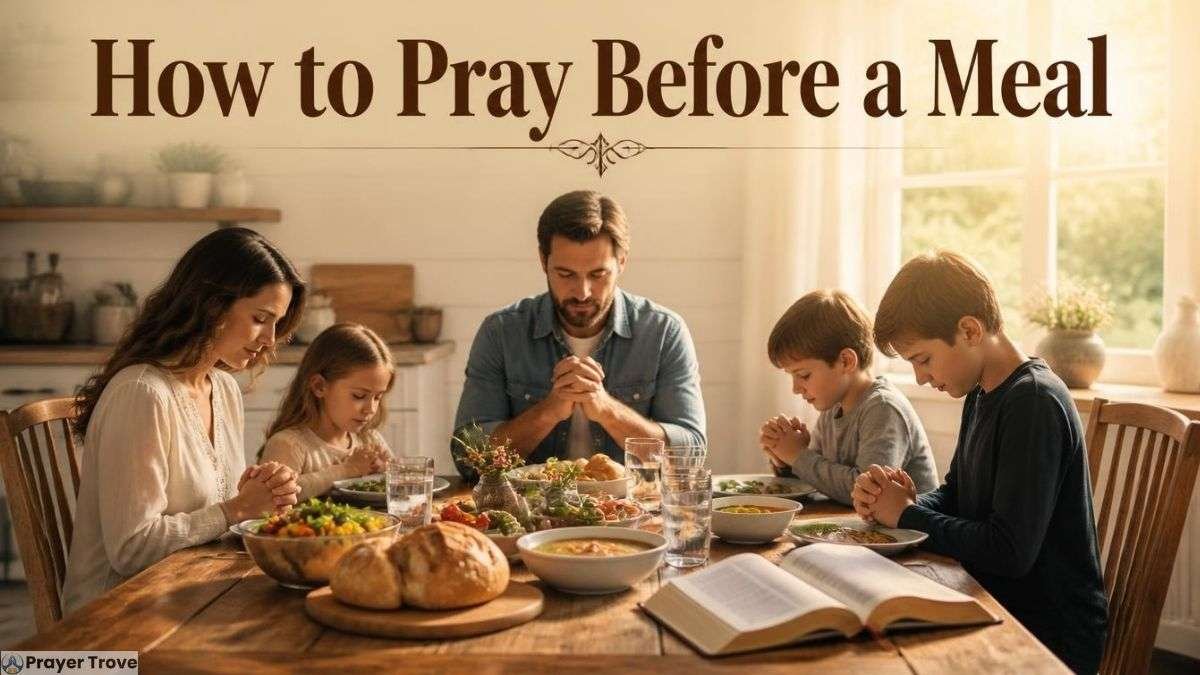 Family praying together before a meal with an open Bible
