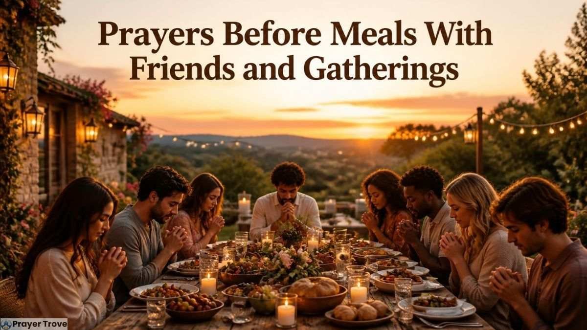 Friends praying together before a meal at an outdoor gathering