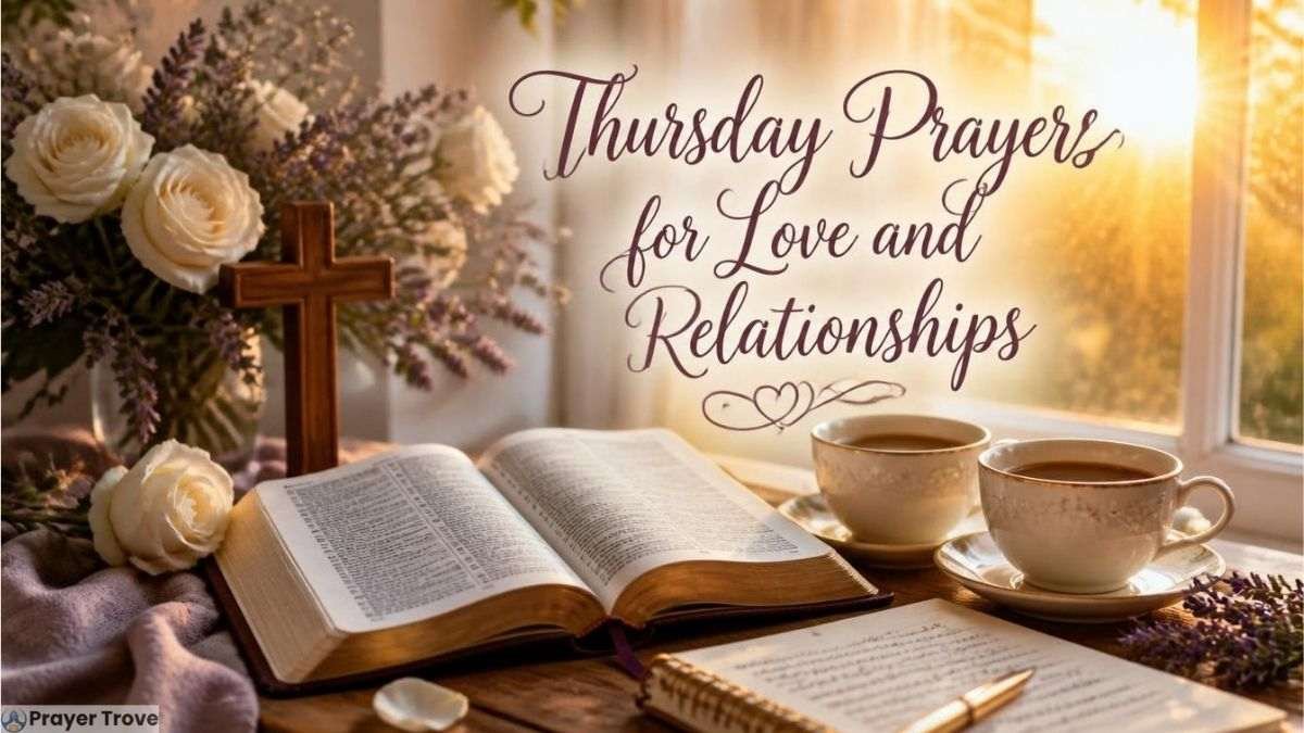 Thursday prayers for love and relationships with a Bible, cross, flowers, and coffee
