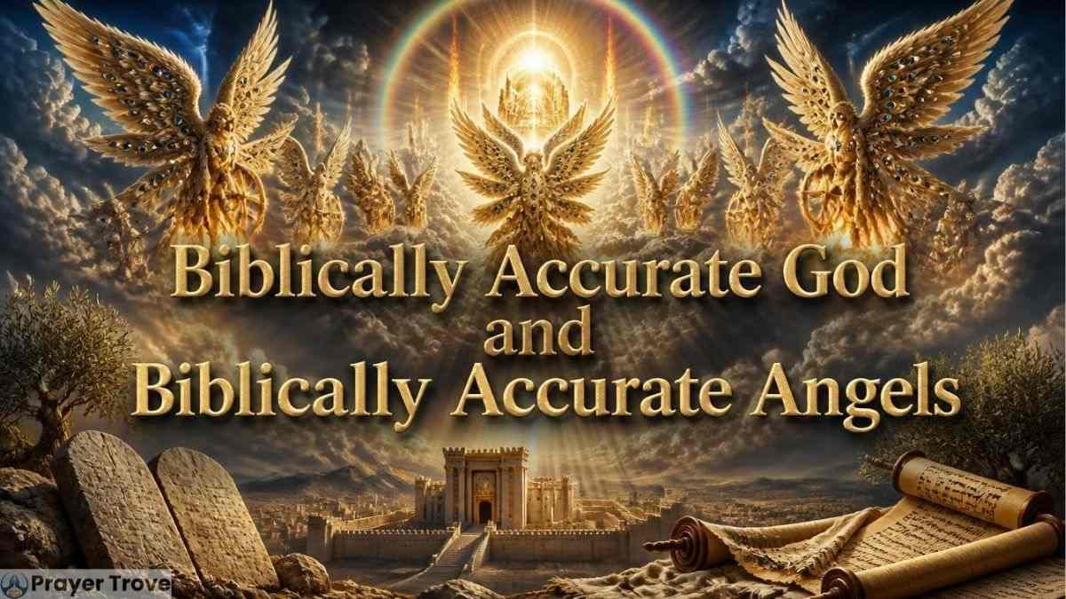 Biblically Accurate God and Angels with radiant heavenly throne, winged angels, temple, and ancient scrolls.