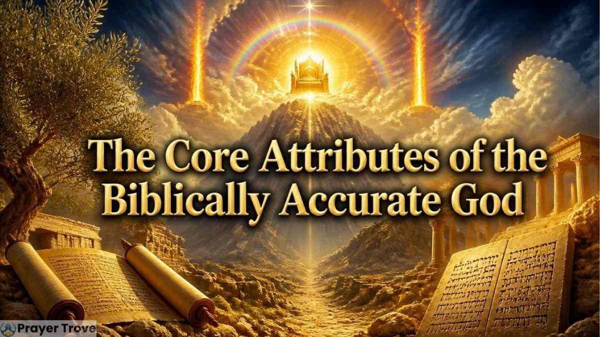 The Core Attributes of the Biblically Accurate God with a heavenly throne, glowing mountain, ancient scrolls, and stone tablets.