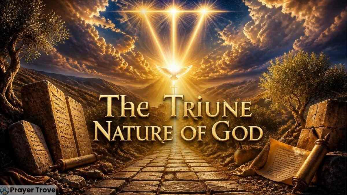 The Triune Nature of God with radiant heavenly light, dove, cross, stone tablets, and ancient scrolls.
