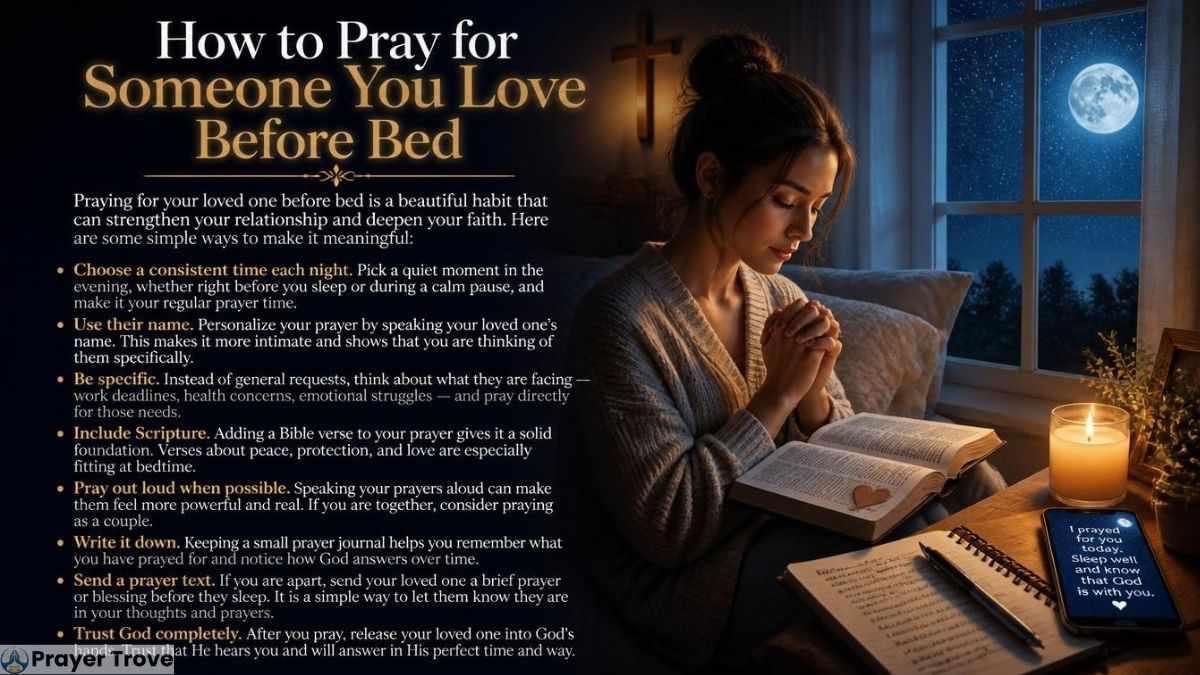 A woman prays beside an open Bible by candlelight, sharing tips on praying for someone you love before bedtime with faith.
