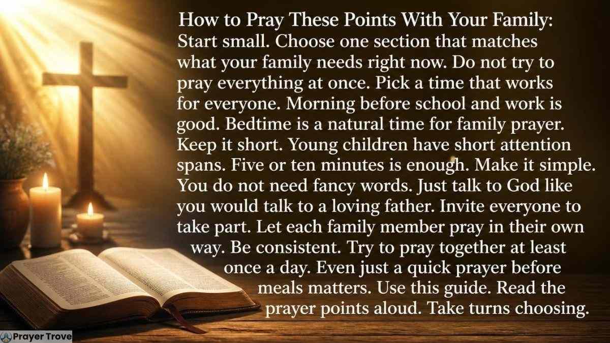 How to pray with your family guide featuring a cross, open Bible, candles, and warm sunrise background.