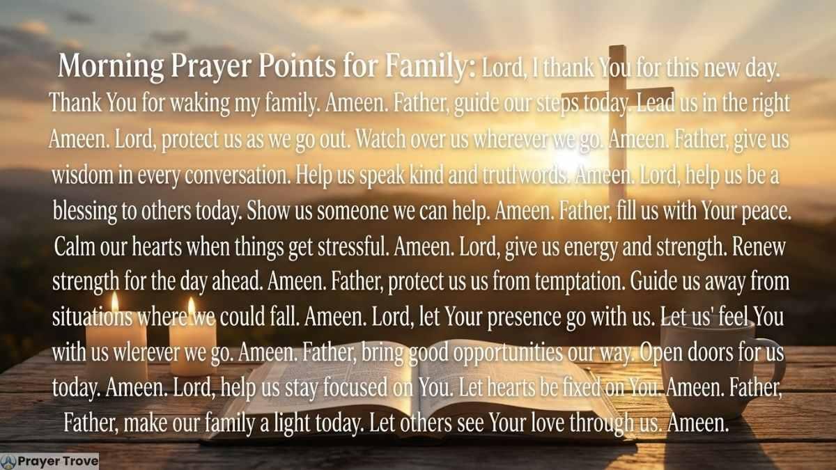 Morning prayer points for family with cross, open Bible, candles, and sunrise background.