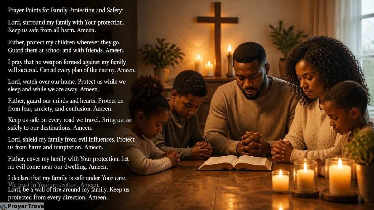 Family praying for protection with open Bible