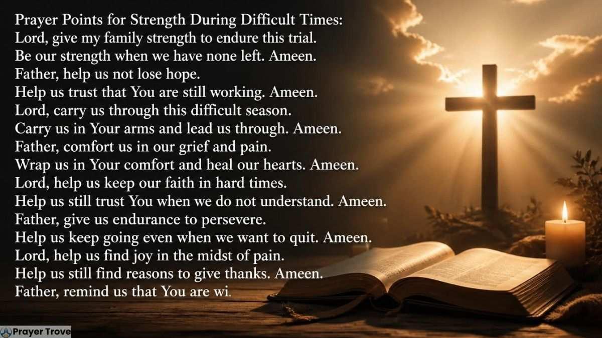 Prayer points for strength during difficult times with cross, open Bible, candle, and sunrise.