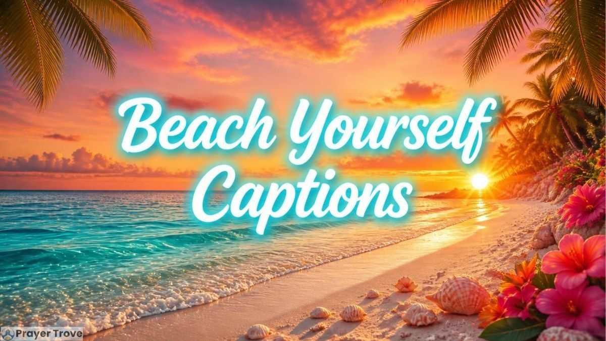 Beach Yourself Captions tropical sunset beach with ocean, palm trees, seashells, and glowing text.