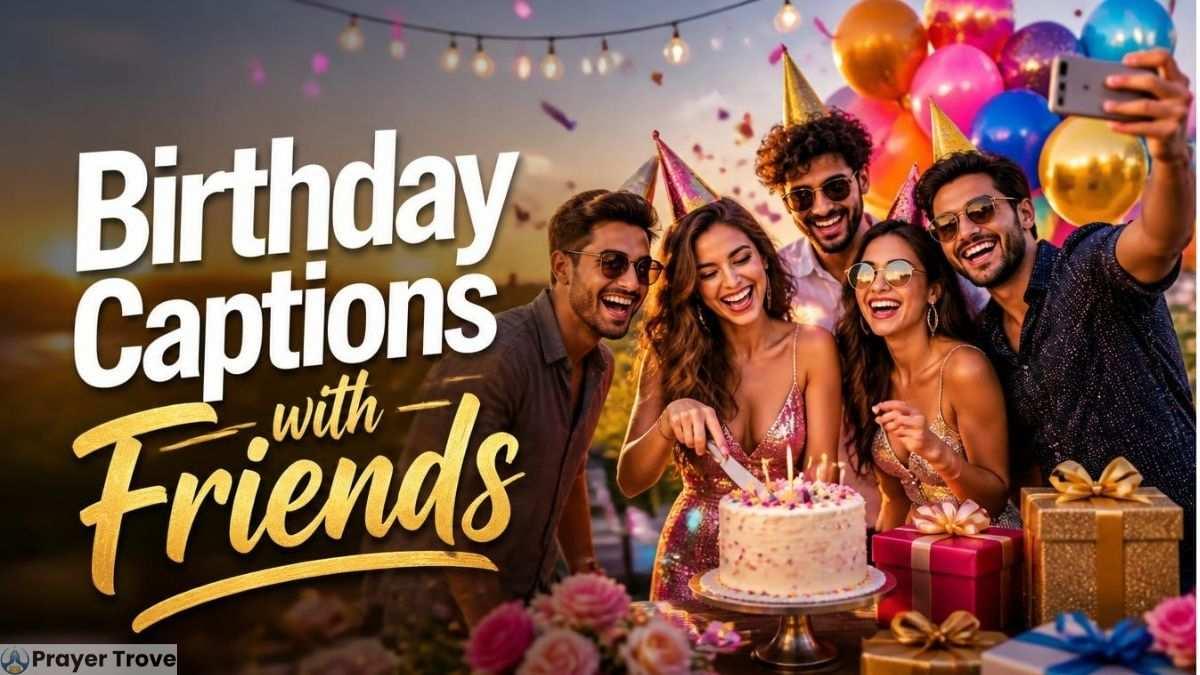 Friends celebrating birthday with cake and balloons