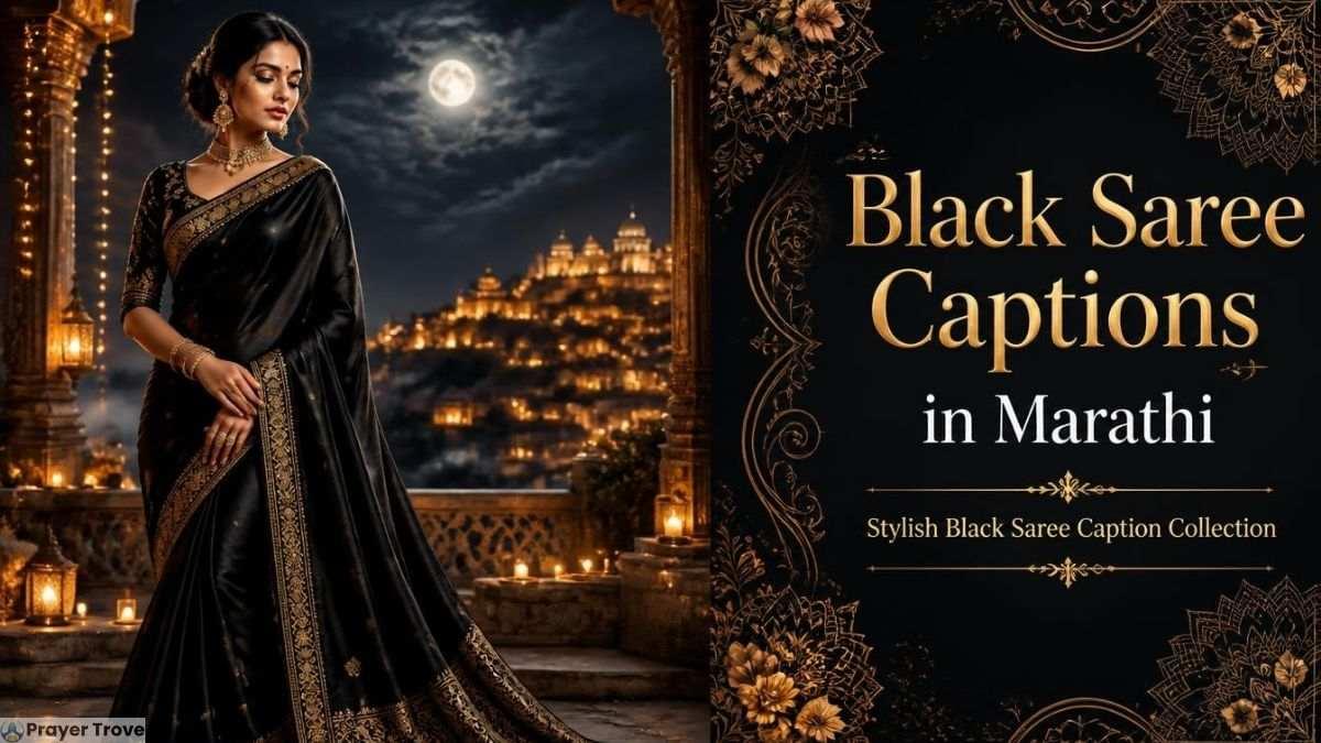 Black saree captions in Marathi with elegant woman in traditional black saree and royal night palace background.