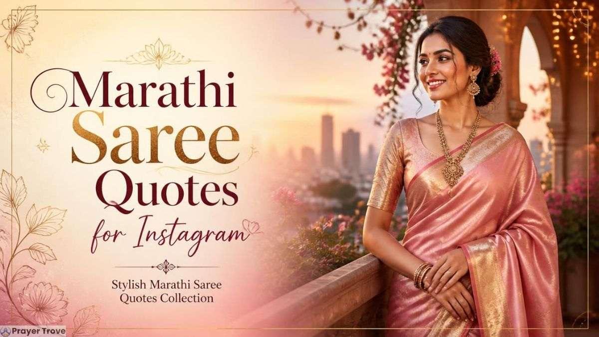 Marathi saree quotes for Instagram with elegant woman in pink silk saree at sunset.
